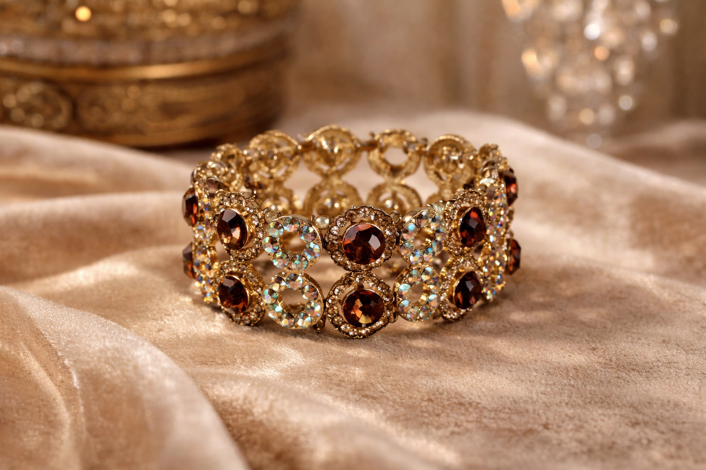Vintage Aurora Borealis & Amber Rhinestone Stretch Bracelet – Gold Tone Crystal Statement Bracelet