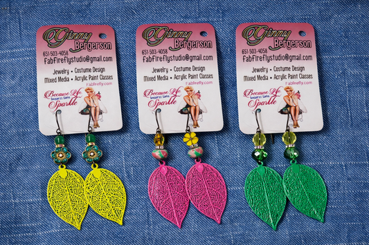 Colorful Filigree Leaf Earrings with Czech Crystals