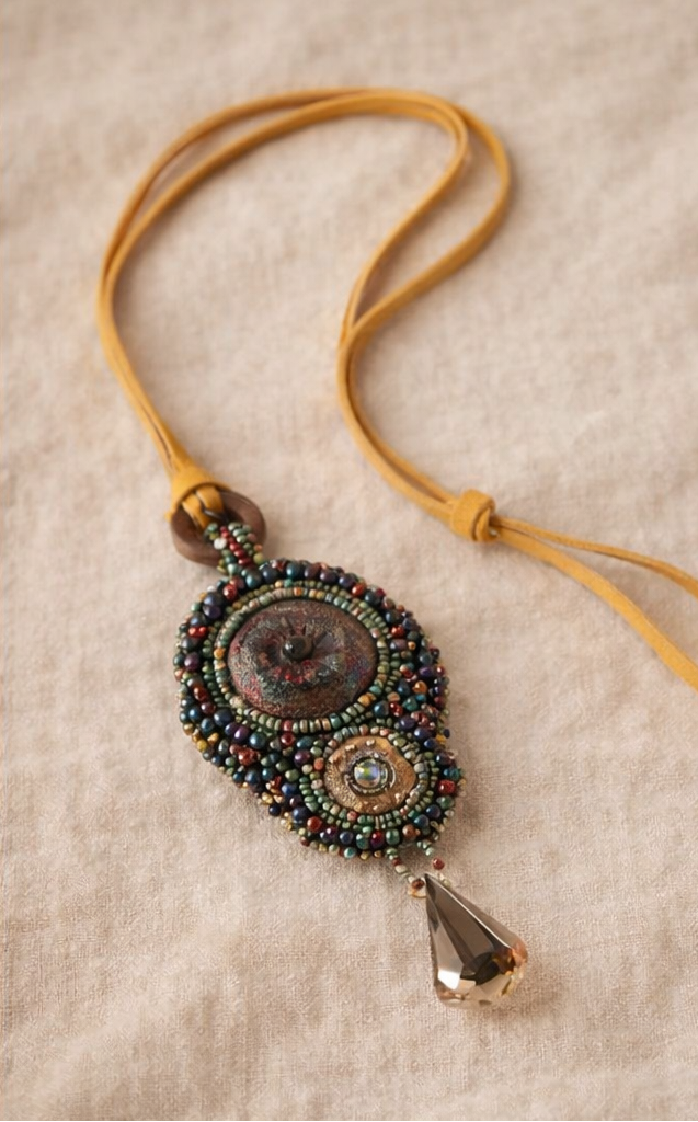 Forest Relic — Raku Cabbage & Crystal Artisan Necklace”