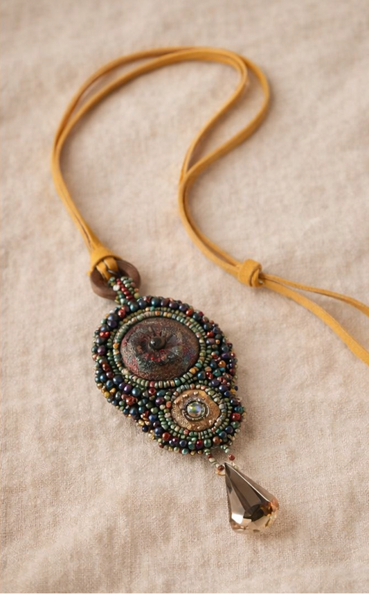 Forest Relic — Raku Cabbage & Crystal Artisan Necklace”