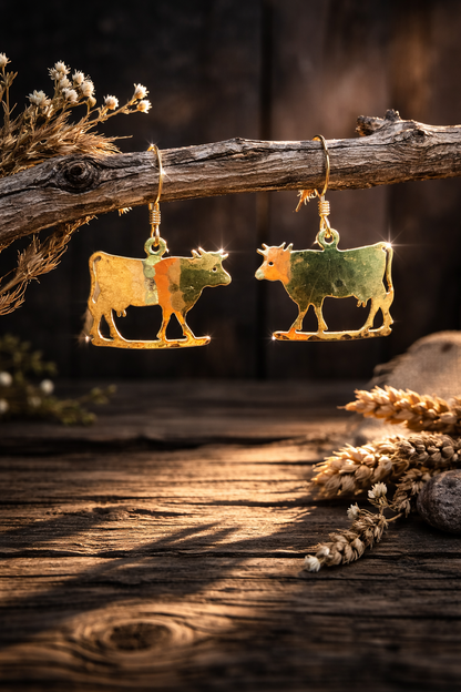 Golden Prairie Cow Earrings  Pounded Gold Western Dangle Cuties
