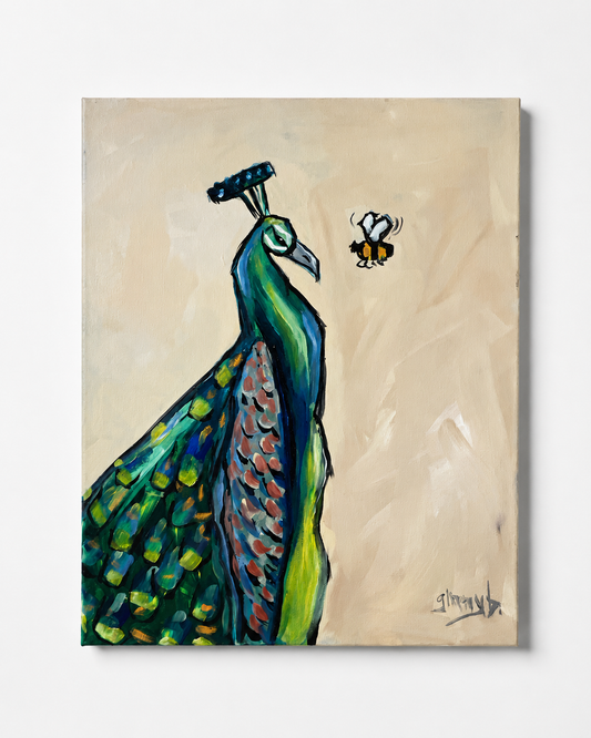Buzz Off – Peacock & Bumblebee Original Acrylic Painting