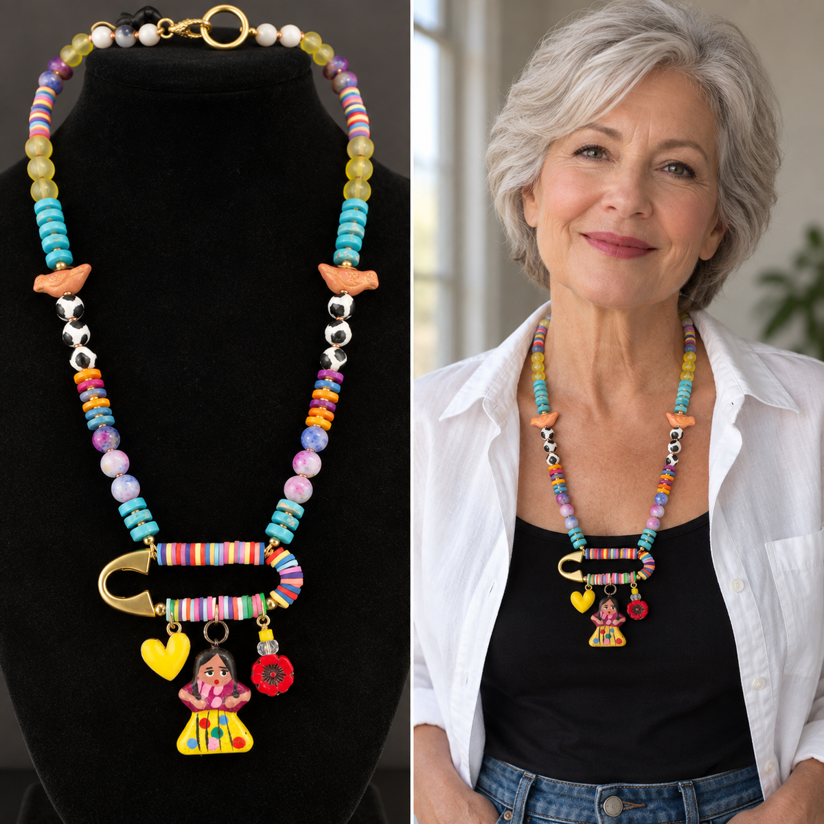 Frida Charm Necklace with Jasper, Heishi Beads & Birds