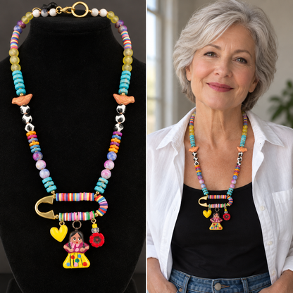 Frida Charm Necklace with Jasper, Heishi Beads & Birds