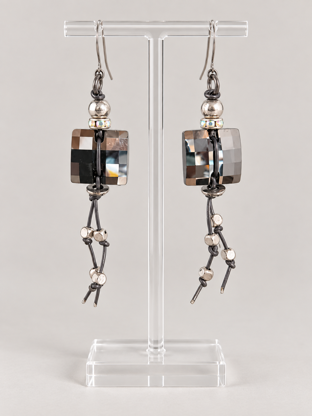 Swarovski Crystal and Knotted Leather Drop Earrings