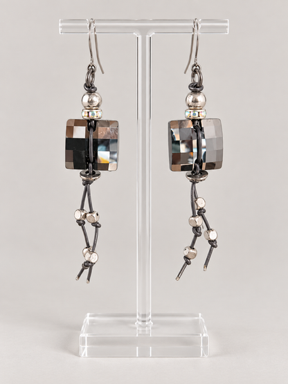 Swarovski Crystal and Knotted Leather Drop Earrings