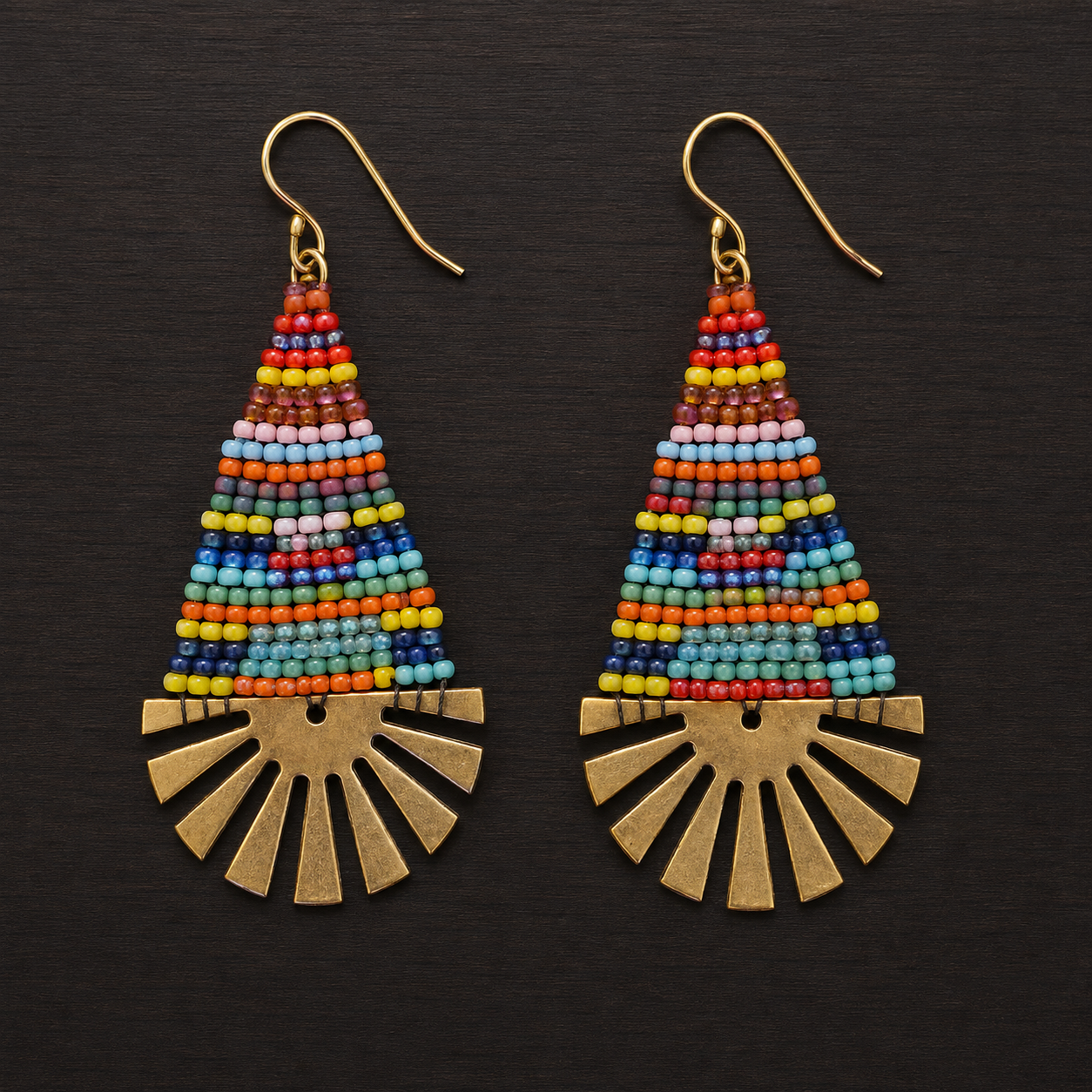 Hand-Beaded Brass Fan Earrings – Three Color Options