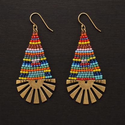 Hand-Beaded Brass Fan Earrings – Three Color Options