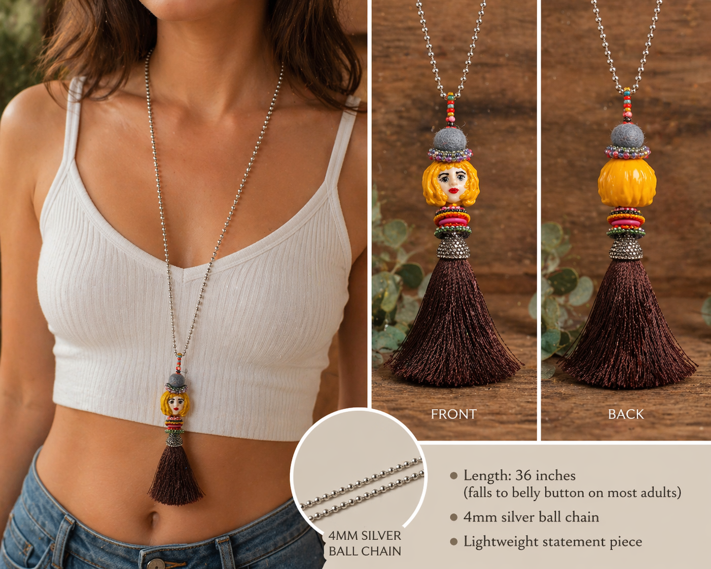 Boho Poppy Doll Tassel Necklace – Blown Glass Face & Hand-Beaded Collar on 4mm Silver Ball Chain