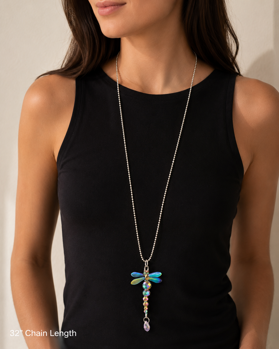 32 Inch Dragonfly Pendant Necklace with Iridescent Crystal Beads and Silver Ball Chain
