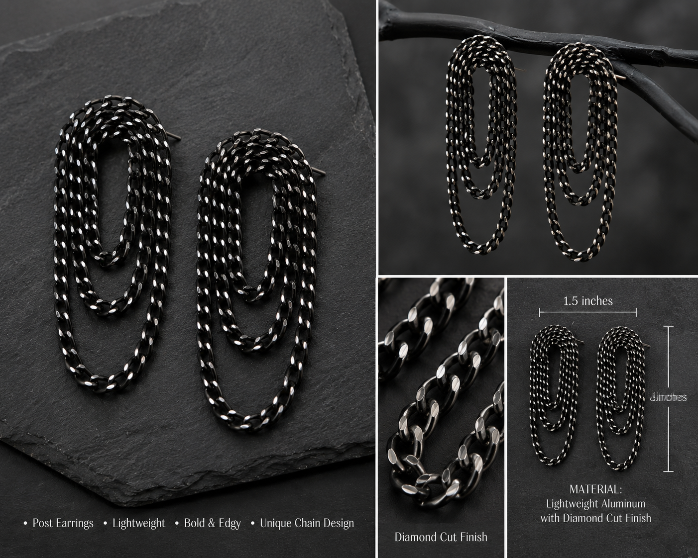 Black Chain Link Post Earrings Lightweight Aluminum 3 Inch Dangle Earrings