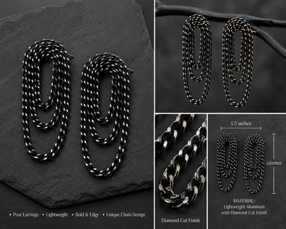 Black Chain Link Post Earrings Lightweight Aluminum 3 Inch Dangle Earrings