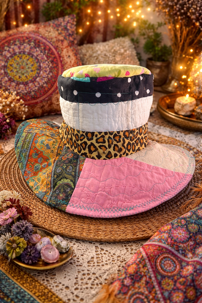 Dorothy Jean Reversible Patchwork Hat – Frayed Jungle Monkey Patch – Moldable Brim Boho Bucket Hat (Size Small)