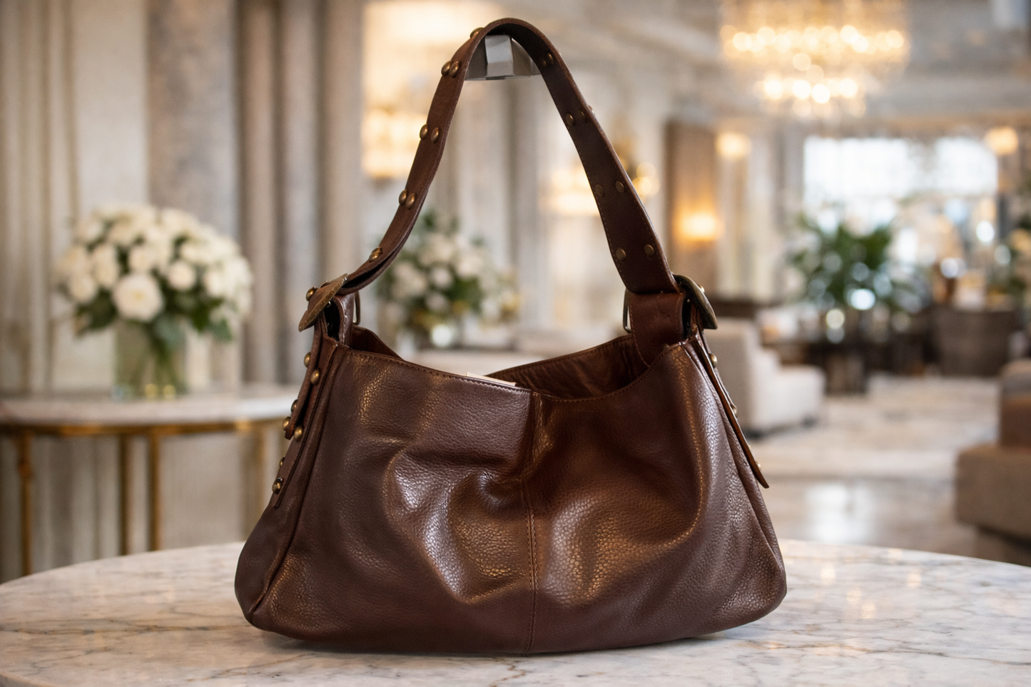 Italian Leather Studded Hobo Bag with Statement Buckle – Large Brown Shoulder Bag