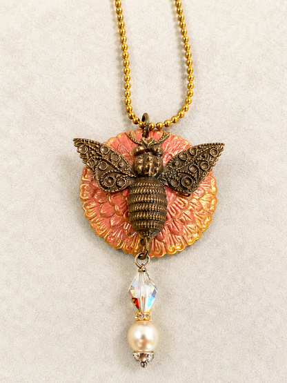 Antique Brass Bee Pendant Necklace with Vintage Crystal & Pearl on Adjustable 30-Inch Gold Ball Chain