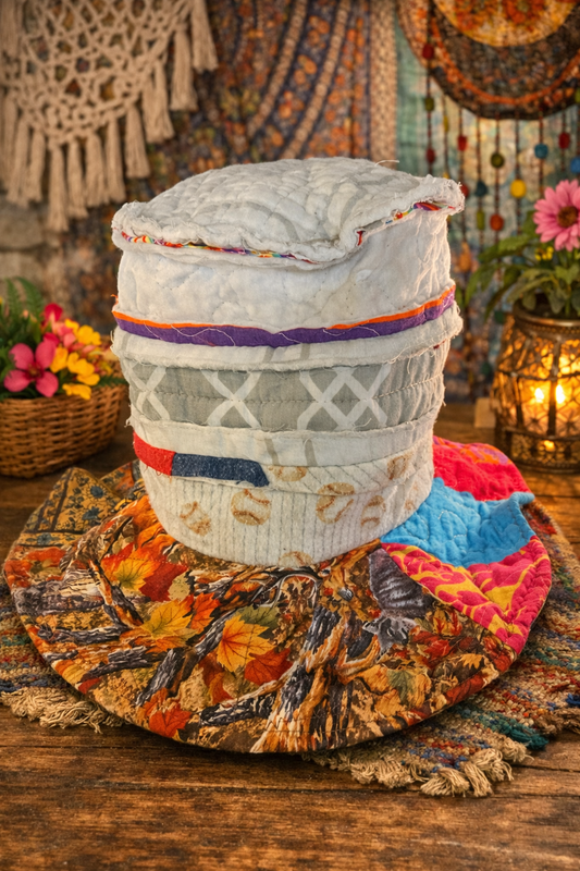 Dorothy Jean Tall Patchwork Boho Hat – REVERSIBLE Moldable Wire Brim – Large 23” Head
