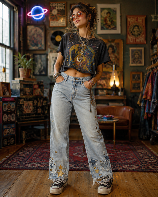 Vintage Levi’s 530 Regular Fit Jeans W36 L30 | Distressed Star Patch Rhinestone Biker Jeans
