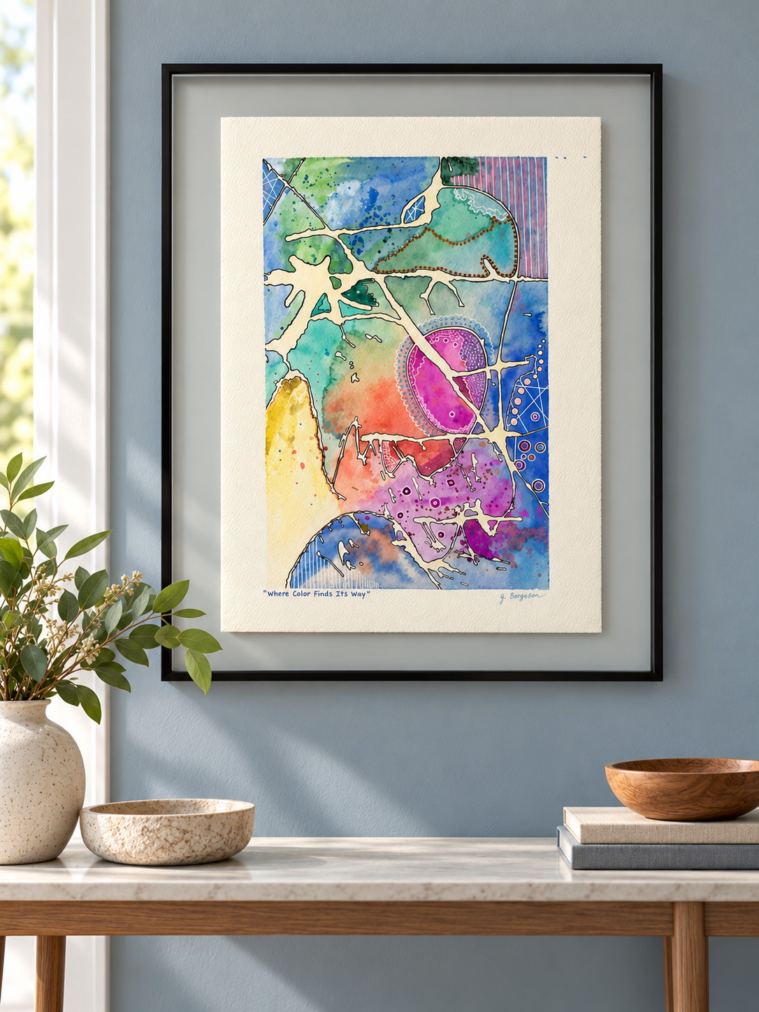 Where Color Finds It's Way - Original Watercolor & Pen Painting, 14" x 19" framed