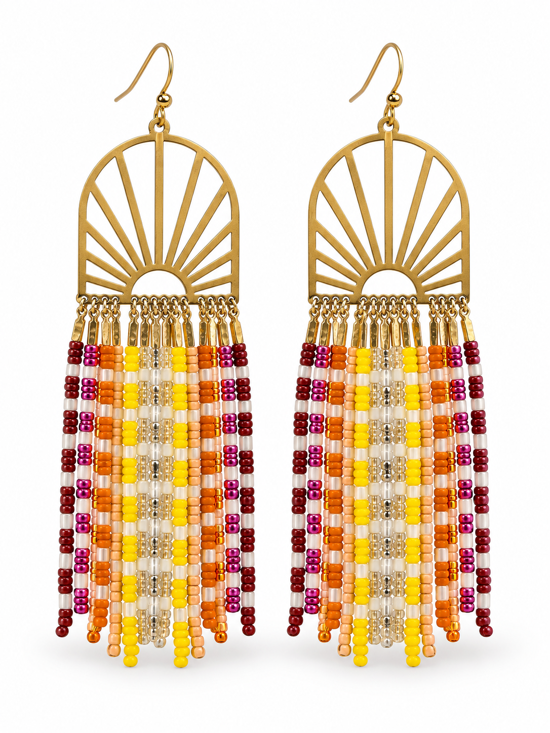 Hand-Beaded Brass Sunray Fringe Earrings – 3 Inch