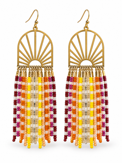 Hand-Beaded Brass Sunray Fringe Earrings – 3 Inch