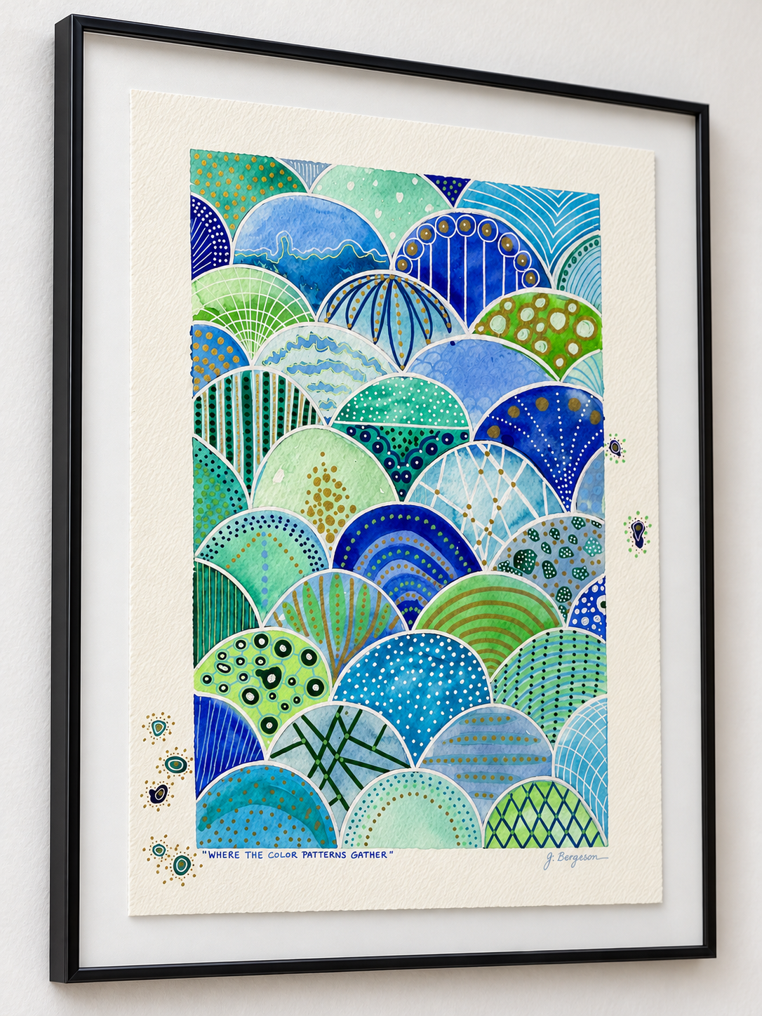 Where the Color Patterns Gather – Blue & Green Framed Watercolor Painting