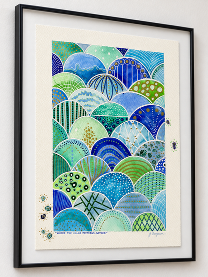 Where the Color Patterns Gather – Blue & Green Framed Watercolor Painting