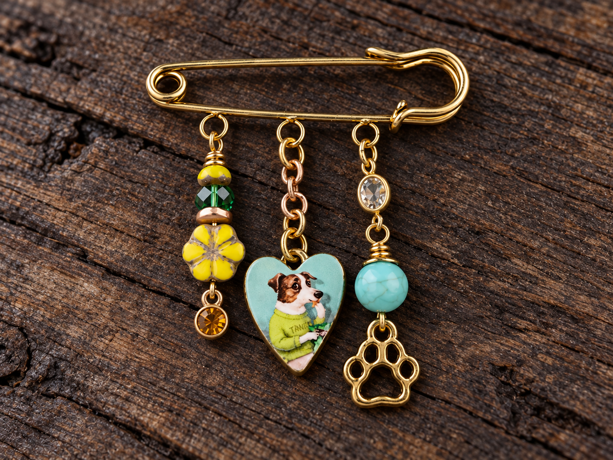 Puppy Love Dog Charm Pin – Czech Beads, Crystals & Jasper