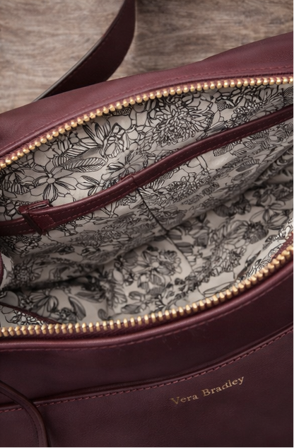 Vera Bradley Vintage Leather Crossbody Bag – Floral Lined Multi-Pocket Shoulder Purse