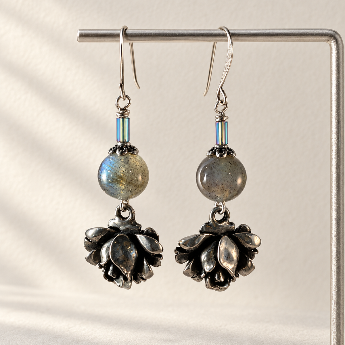After Dark Hematite & Silver Rose Earrings