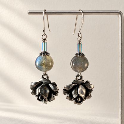 After Dark Hematite & Silver Rose Earrings