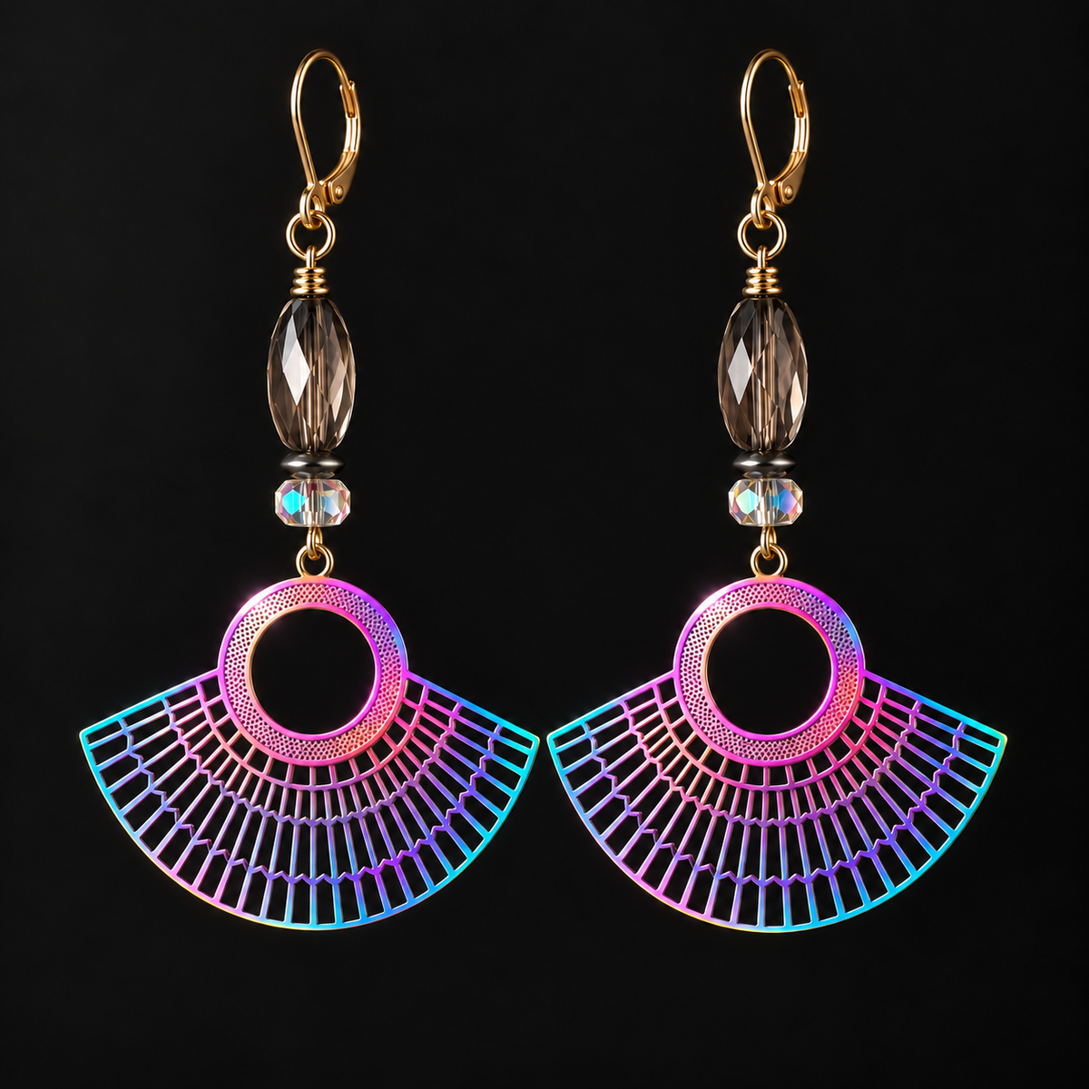 Iridescent Fan Dangle Earrings with Crystal Beads