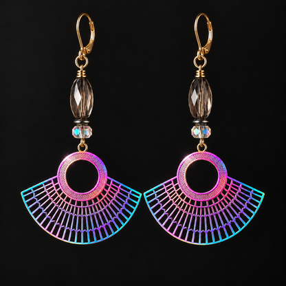 Iridescent Fan Dangle Earrings with Crystal Beads