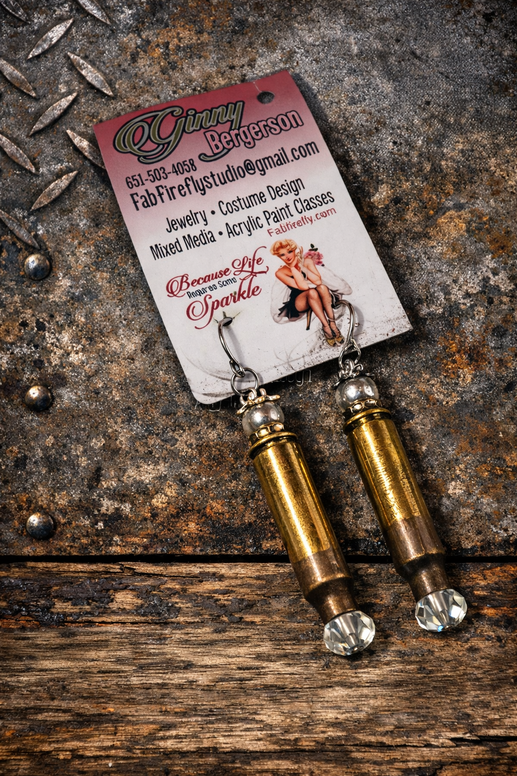 Handmade Bullet Casing Earrings – Recycled Brass Rifle Shell Jewelry with Crystal & Pearl Drops