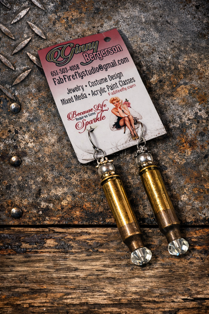 Handmade Bullet Casing Earrings – Recycled Brass Rifle Shell Jewelry with Crystal & Pearl Drops
