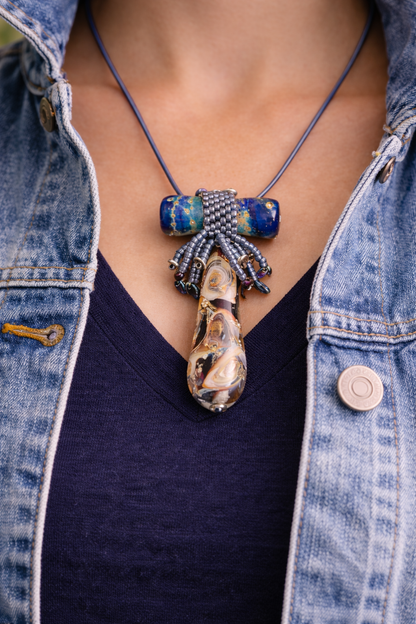 Starry Night Glass Art Pendant Necklace – Hand Blown Beads, Peyote Stitch Fringe, Blue Leather Chain, 18” Boho Artisan Necklace