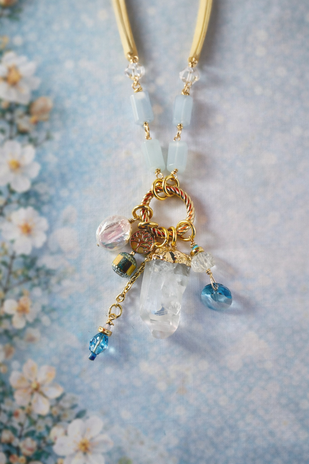 Aquamarine Quartz & Crystal Charm Necklace – 36” Deerskin