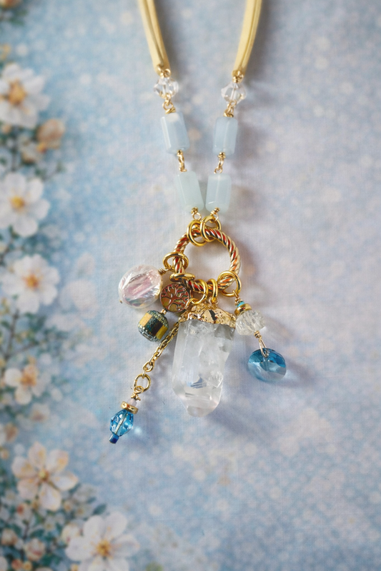 Aquamarine Quartz & Crystal Charm Necklace – 36” Deerskin