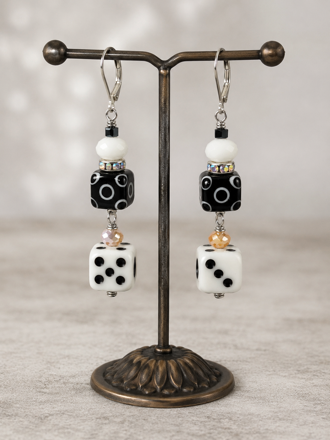 Handmade Blown Glass Dice Earrings with Crystals, Rondelles & Mixed Metal