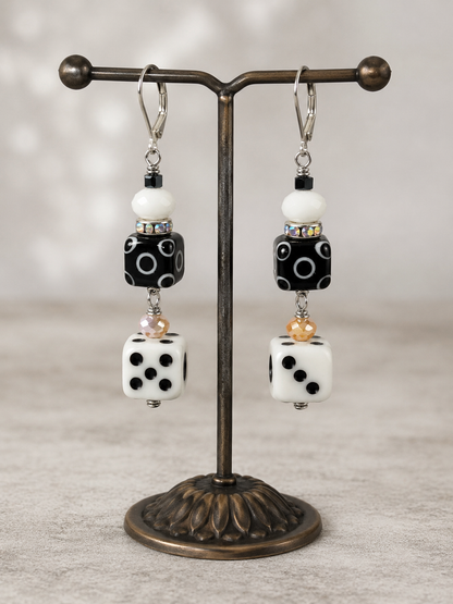 Handmade Blown Glass Dice Earrings with Crystals, Rondelles & Mixed Metal