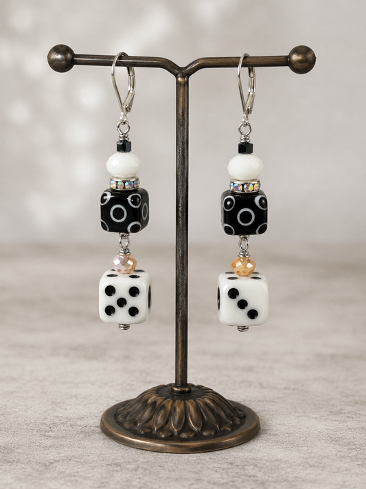 Handmade Blown Glass Dice Earrings with Crystals, Rondelles & Mixed Metal
