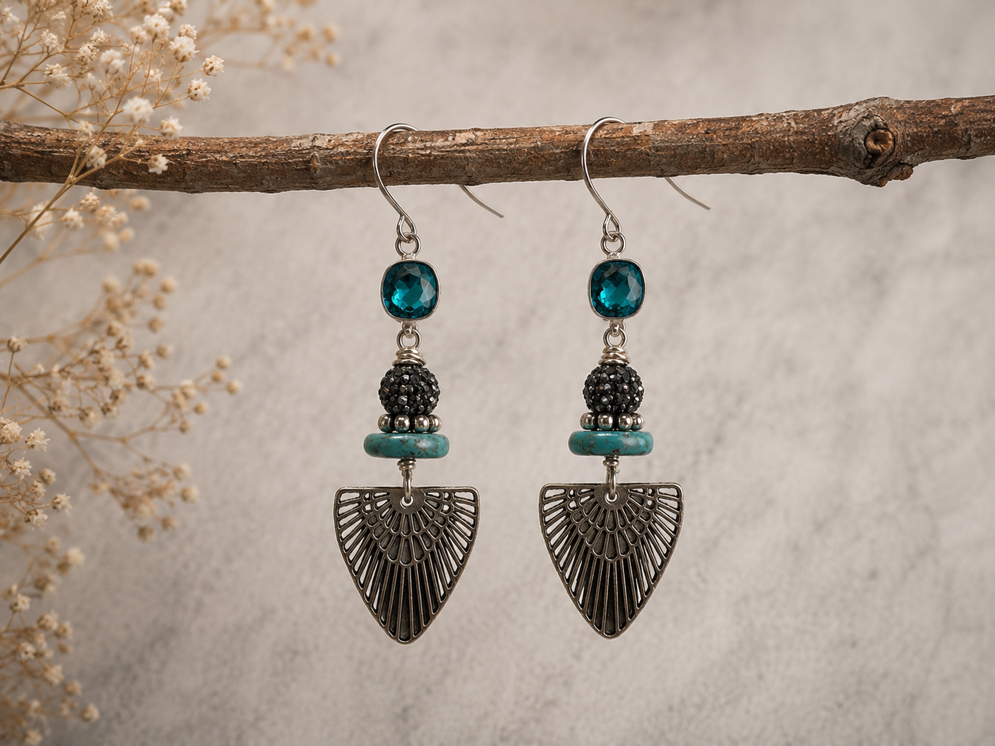 Turquoise Rhinestone Boho Drop Earrings with Silver Fan Charms | Handmade Statement Jewelry