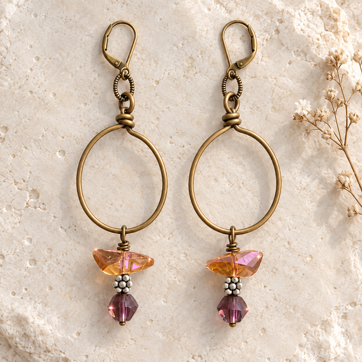 Peach & Plum Swarovski Crystal Bronze Hoop Earrings