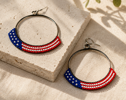 Stars & Stripes Beaded Hoop Earrings – Red White & Blue Silver Hoops