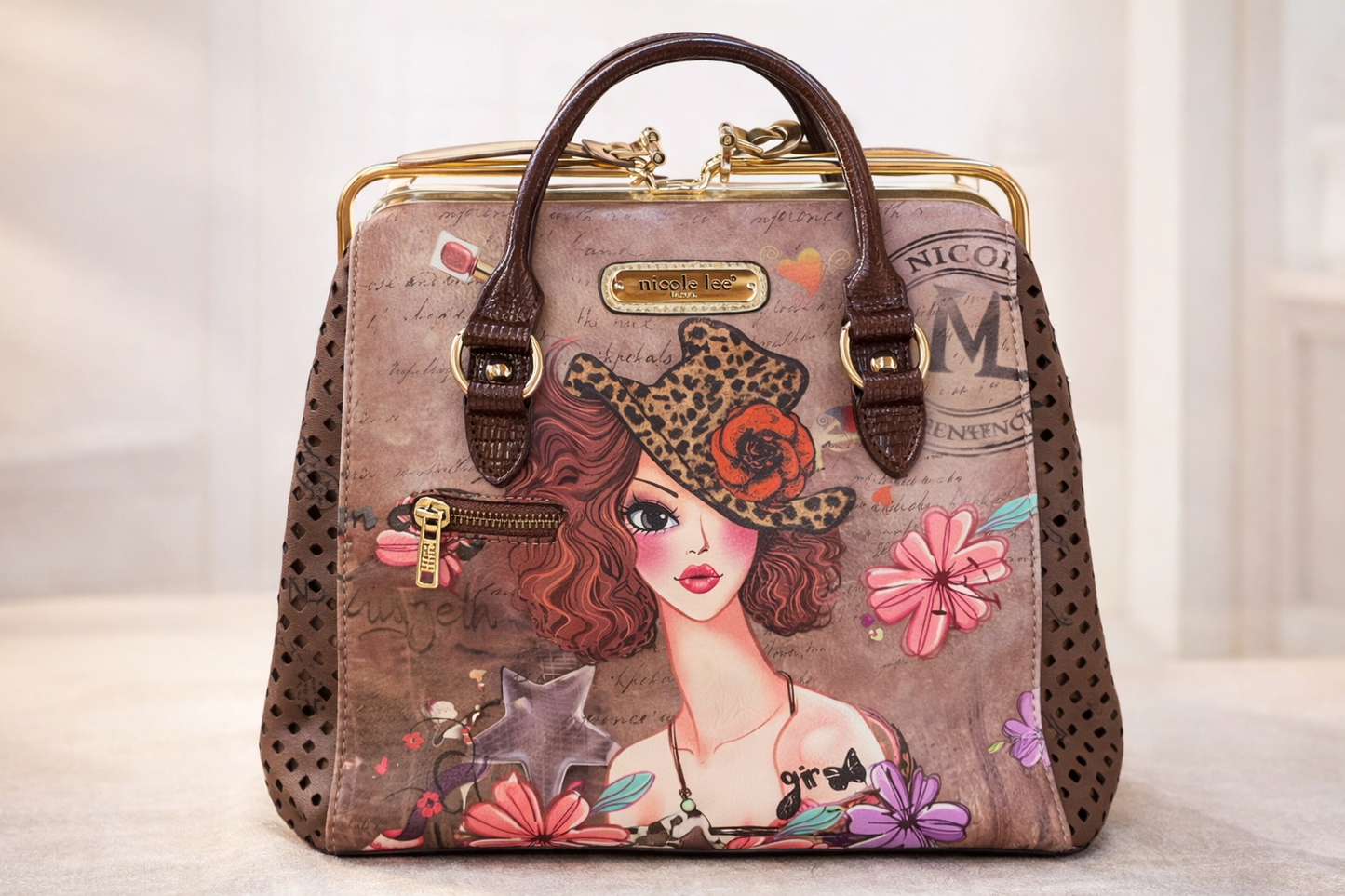 Nicole Lee “Vegas Muse” Graphic Satchel Handbag with Rhinestone Car Charm – Polka Dot Interior