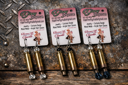 Handmade Bullet Casing Earrings – Recycled Brass Rifle Shell Jewelry with Crystal & Pearl Drops