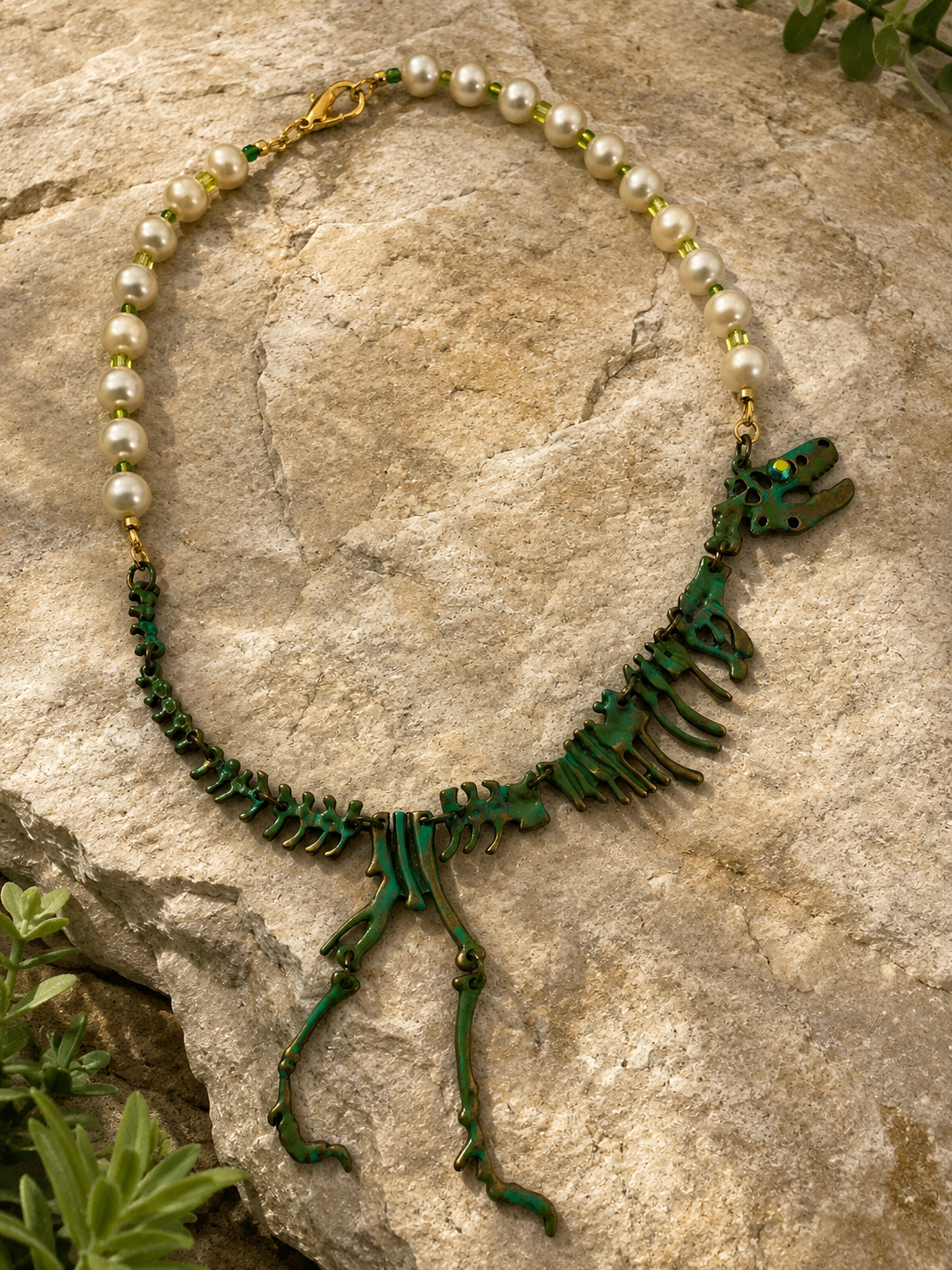 Aurora Borealis Dinosaur Skeleton Necklace – Pearl & Glass Bead Statement Necklace | 18”