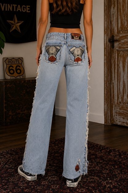 Harley Davidson Patch Jeans 36x34 Distressed Studded Denim Sturgis South Dakota Biker Blues Collection