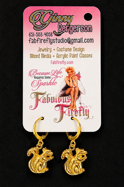 Gold Plated Squirrel Charm Hoop Earrings Small Woodland Animal Earrings
