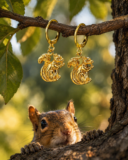 Gold Plated Squirrel Charm Hoop Earrings Small Woodland Animal Earrings