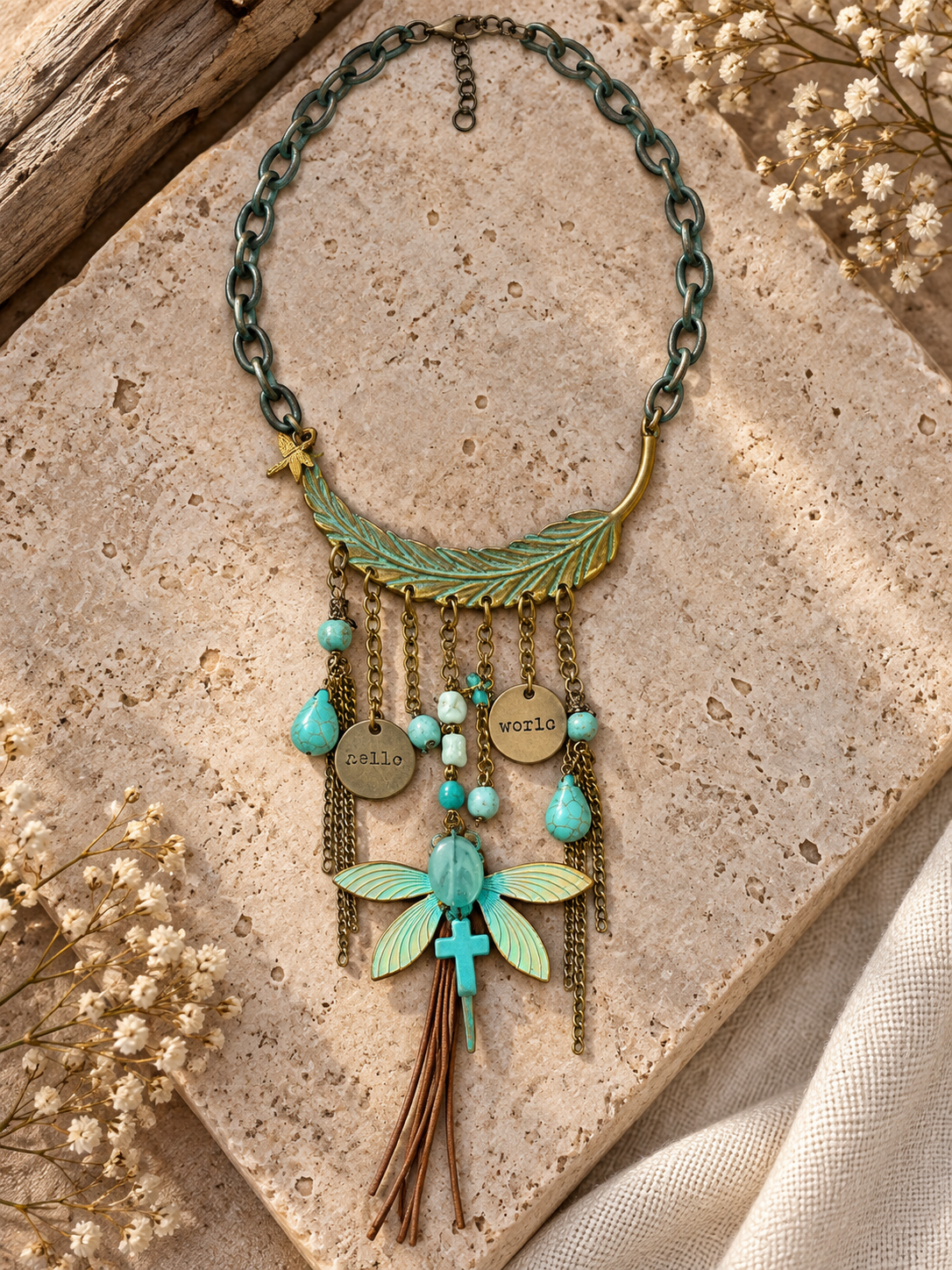 Boho Dragonfly Feather Necklace with Jasper & Antique Brass